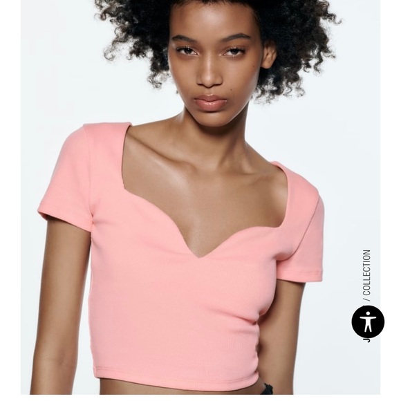 Zara Pink Sweetheart Neckline T-Shirt - Picture 1 of 5